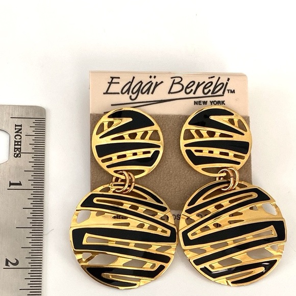 Edgar Berebi Vintage Gold Plated Black Enamel Round Dangle Earrings - Picture 2 of 5